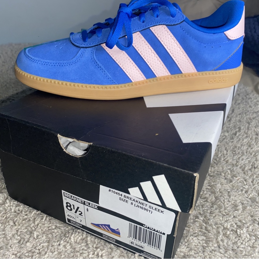 Adidas Blue Sneakers with Pink Stripes